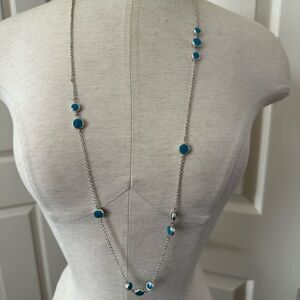 Silver tone blue beaded long necklace